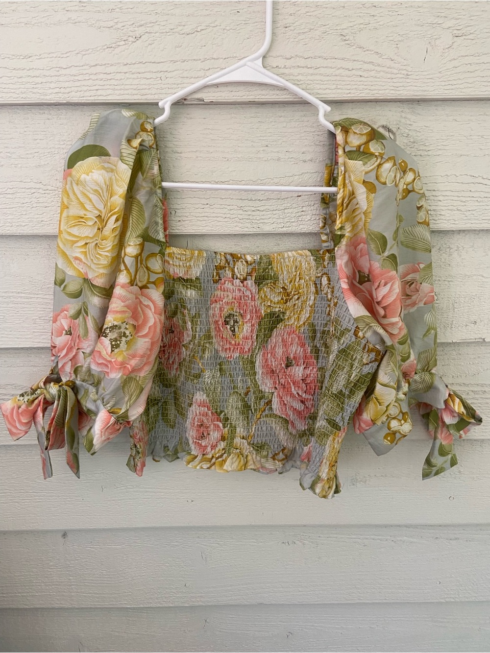 Express Floral Smocked Square-Neck Crop Top - Green/Pink/Yellow - Picture 2 of 4
